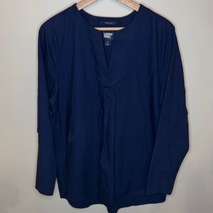 Lands' End Women’s Wrinkle Free Splitneck Tunic Top Deep Blue Long Sleeve Size L